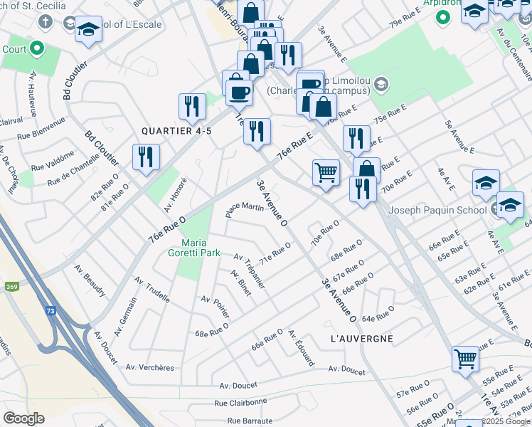 map of restaurants, bars, coffee shops, grocery stores, and more near 7405 Rue Siméon Leroy in Québec