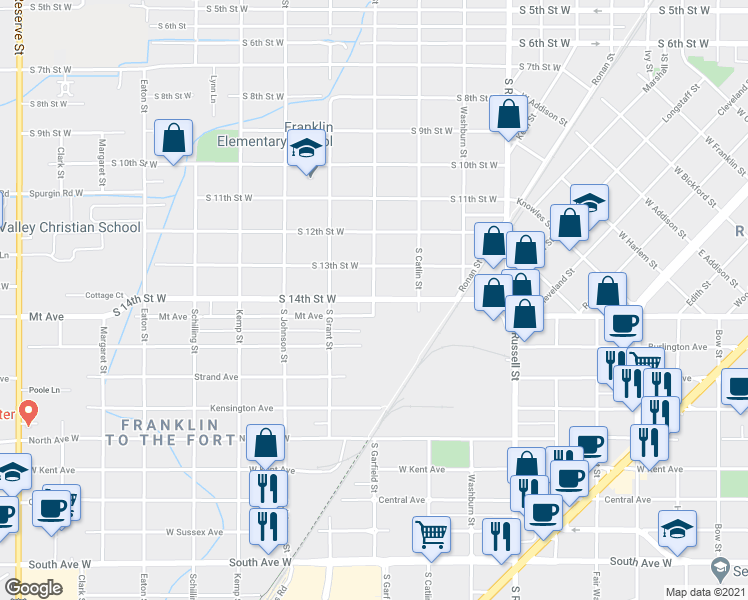 map of restaurants, bars, coffee shops, grocery stores, and more near S 14th St W & S Garfield St in Missoula