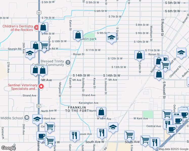 map of restaurants, bars, coffee shops, grocery stores, and more near 1599 Kemp Street in Missoula