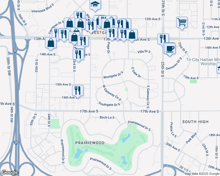 map of restaurants, bars, coffee shops, grocery stores, and more near 2849 Southgate Drive South in Fargo