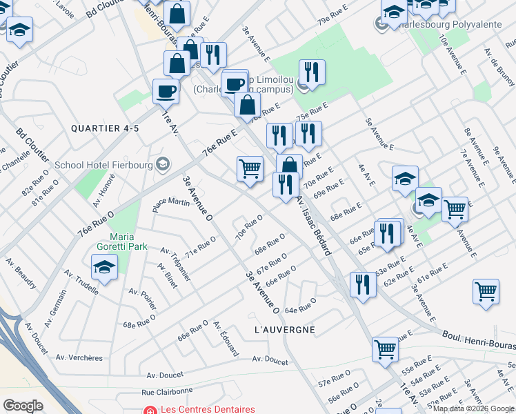 map of restaurants, bars, coffee shops, grocery stores, and more near 7081 1re Avenue in Québec