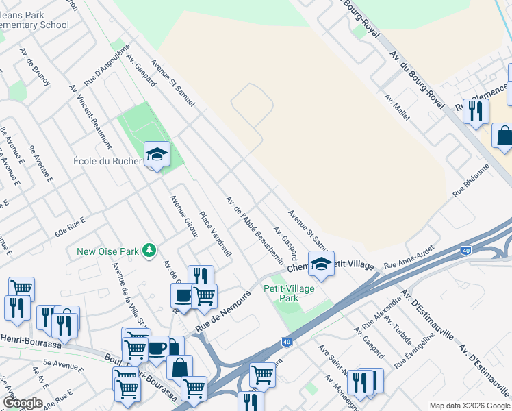 map of restaurants, bars, coffee shops, grocery stores, and more near Avenue Gaspard in Québec City
