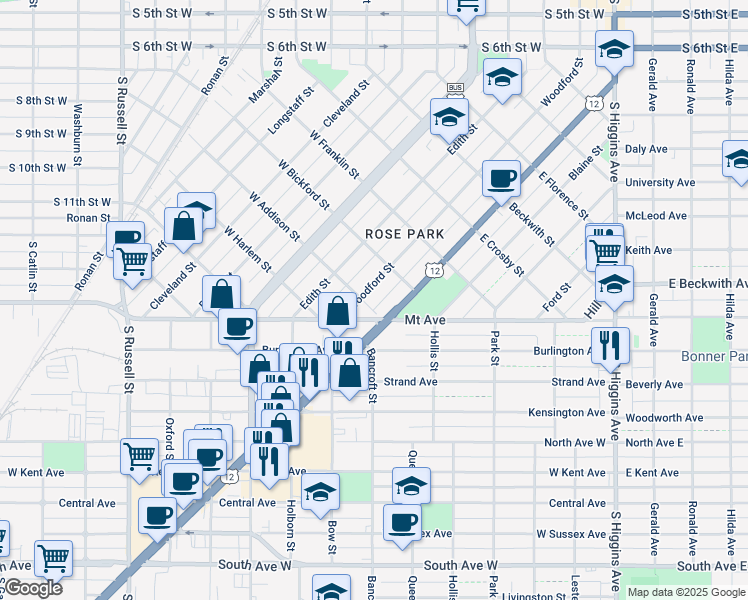 map of restaurants, bars, coffee shops, grocery stores, and more near 822 Woodford Street in Missoula