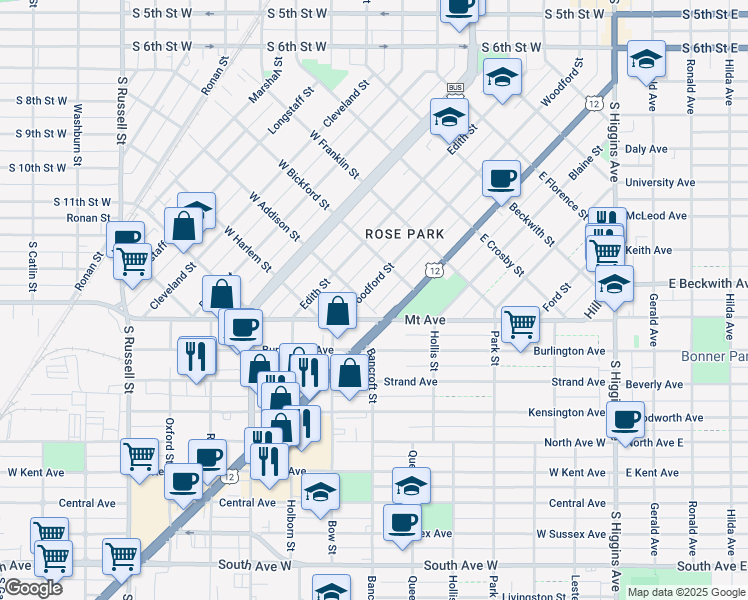 map of restaurants, bars, coffee shops, grocery stores, and more near 822 Woodford Street in Missoula