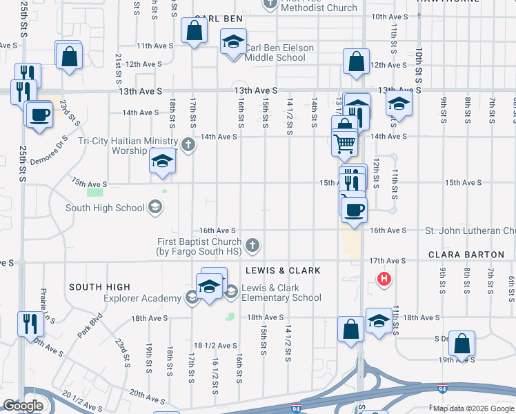map of restaurants, bars, coffee shops, grocery stores, and more near 1512 16th St S in Fargo