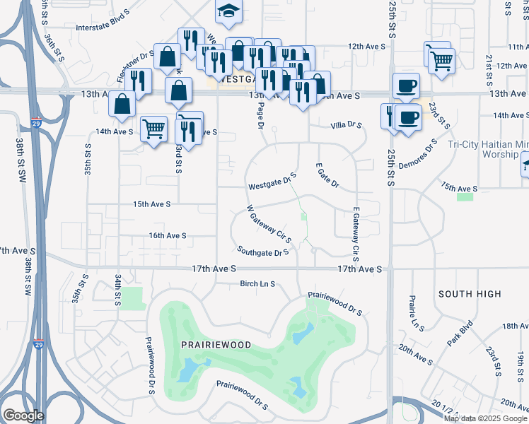 map of restaurants, bars, coffee shops, grocery stores, and more near 2849 Southgate Drive South in Fargo