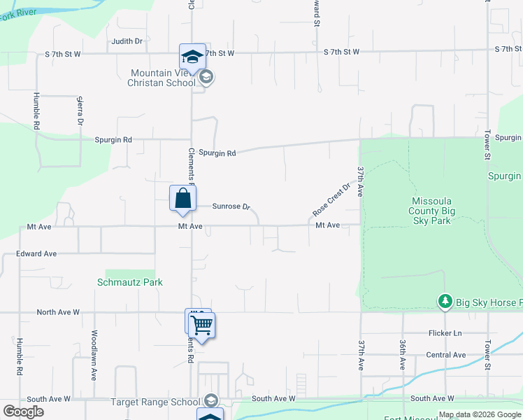 map of restaurants, bars, coffee shops, grocery stores, and more near 3916 Sunrose Drive in Missoula