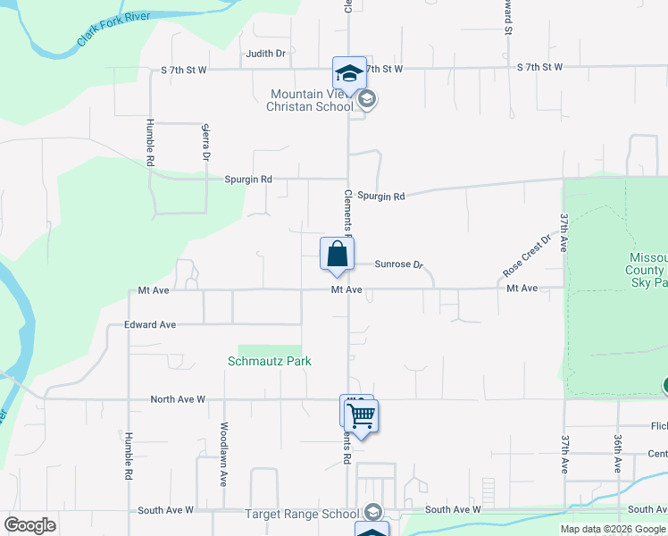 map of restaurants, bars, coffee shops, grocery stores, and more near 1436 Clements Road in Missoula