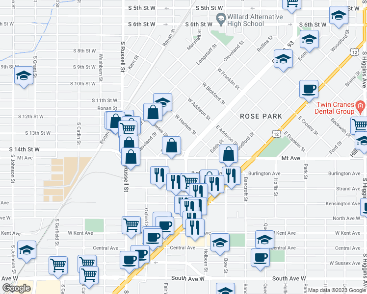 map of restaurants, bars, coffee shops, grocery stores, and more near 106 Knowles Street in Missoula