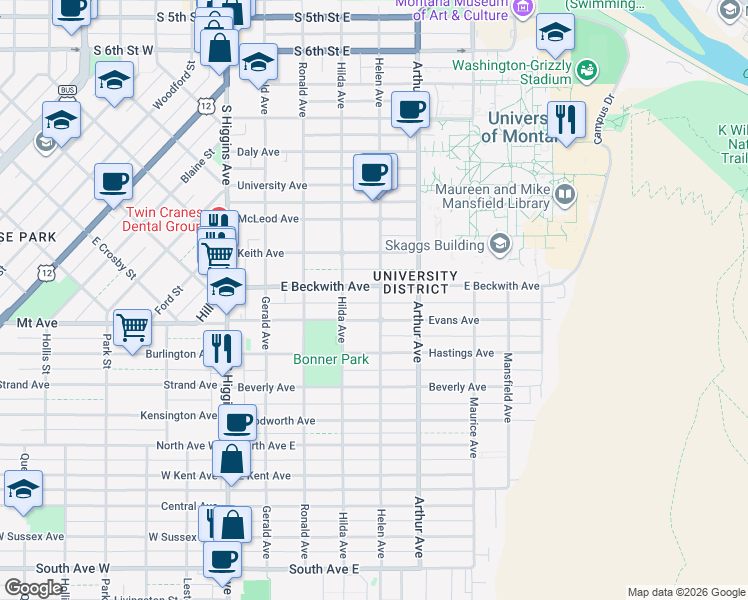 map of restaurants, bars, coffee shops, grocery stores, and more near 1509 Helen Avenue in Missoula