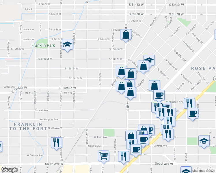 map of restaurants, bars, coffee shops, grocery stores, and more near 1501 South Washburn Street in Missoula