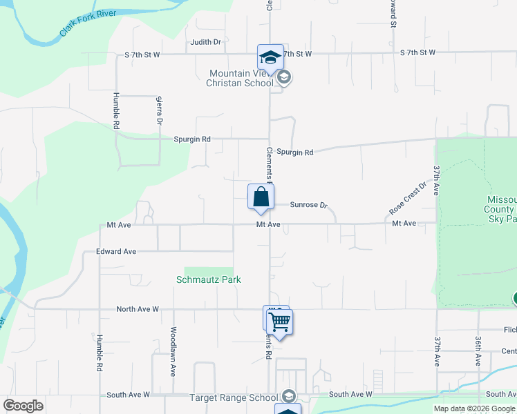 map of restaurants, bars, coffee shops, grocery stores, and more near 1436 Clements Road in Missoula