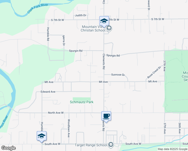 map of restaurants, bars, coffee shops, grocery stores, and more near 1436 Clements Road in Missoula
