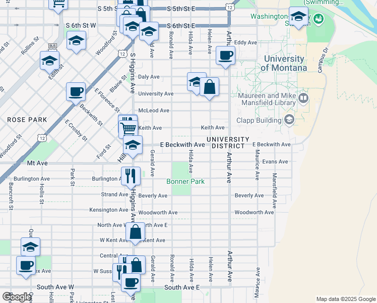 map of restaurants, bars, coffee shops, grocery stores, and more near 1525 Hilda Avenue in Missoula