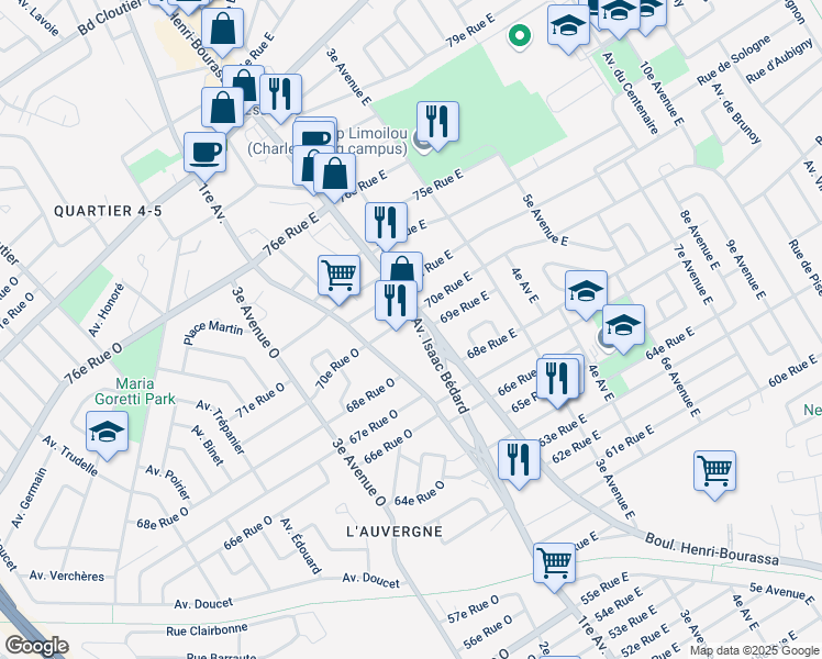 map of restaurants, bars, coffee shops, grocery stores, and more near 6975 Avenue Isaac Bédard in Charlesbourg