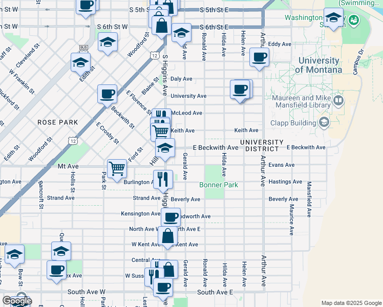 map of restaurants, bars, coffee shops, grocery stores, and more near 201 East Beckwith Avenue in Missoula