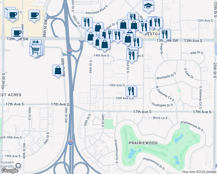 map of restaurants, bars, coffee shops, grocery stores, and more near 3354 15th Avenue South in Fargo