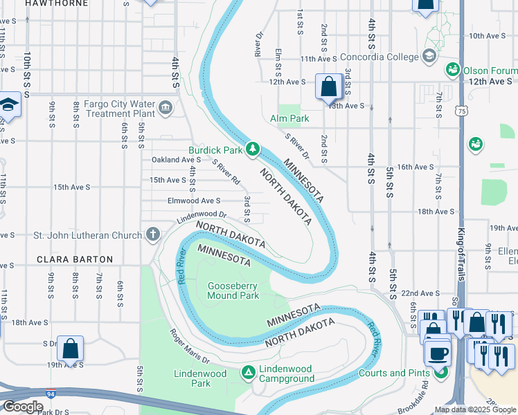 map of restaurants, bars, coffee shops, grocery stores, and more near 201 Linden Avenue South in Fargo