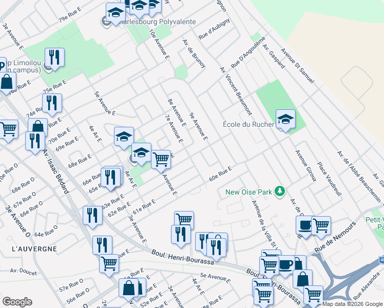map of restaurants, bars, coffee shops, grocery stores, and more near 705 63e Rue Est in Québec