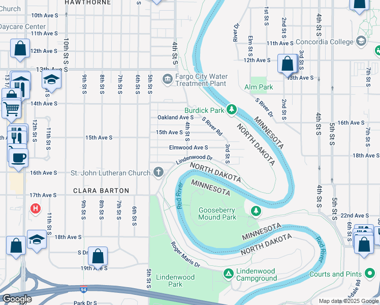 map of restaurants, bars, coffee shops, grocery stores, and more near 374 Elmwood Avenue South in Fargo