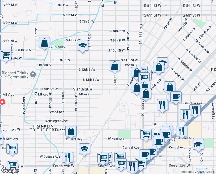 map of restaurants, bars, coffee shops, grocery stores, and more near 1753 South 13th Street West in Missoula