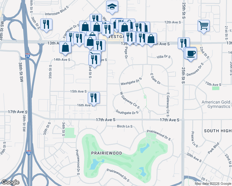 map of restaurants, bars, coffee shops, grocery stores, and more near 2913 Southgate Drive South in Fargo