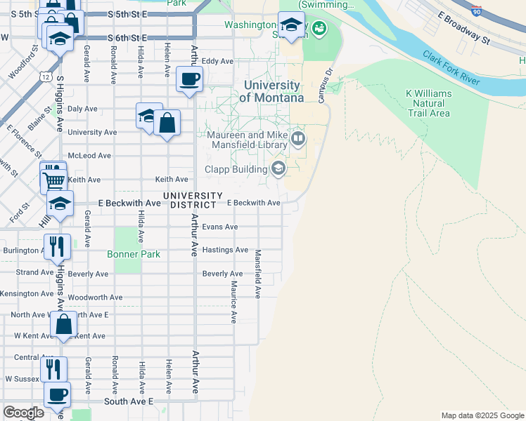 map of restaurants, bars, coffee shops, grocery stores, and more near 801 East Beckwith Avenue in Missoula