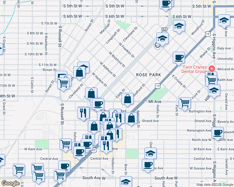 map of restaurants, bars, coffee shops, grocery stores, and more near 925 Edith Street in Missoula