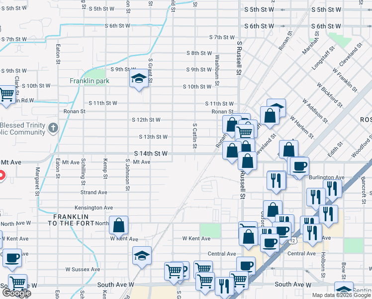 map of restaurants, bars, coffee shops, grocery stores, and more near 1505-1537 South Catlin Street in Missoula