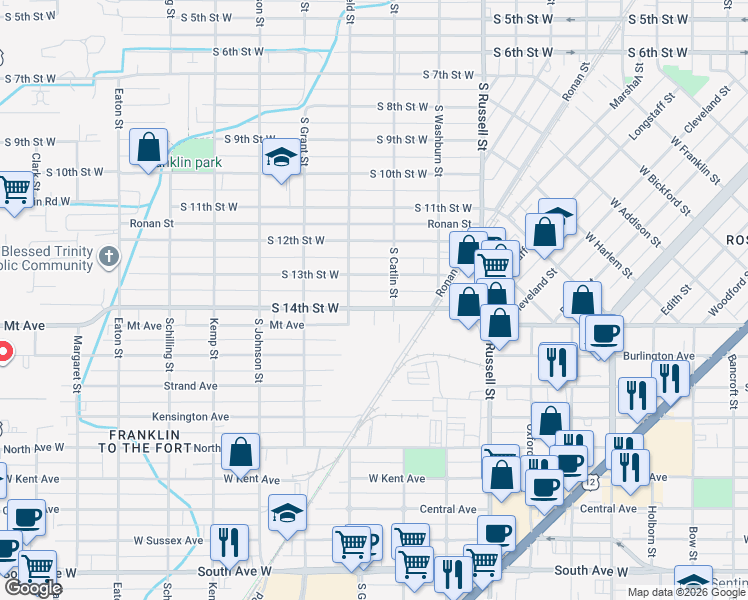map of restaurants, bars, coffee shops, grocery stores, and more near 1753 South 13th Street West in Missoula