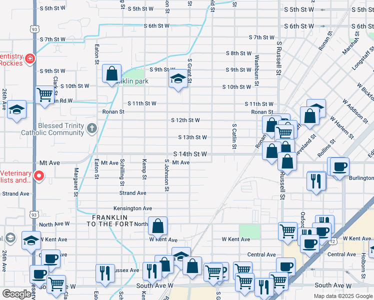 map of restaurants, bars, coffee shops, grocery stores, and more near 1930 South 14th Street West in Missoula