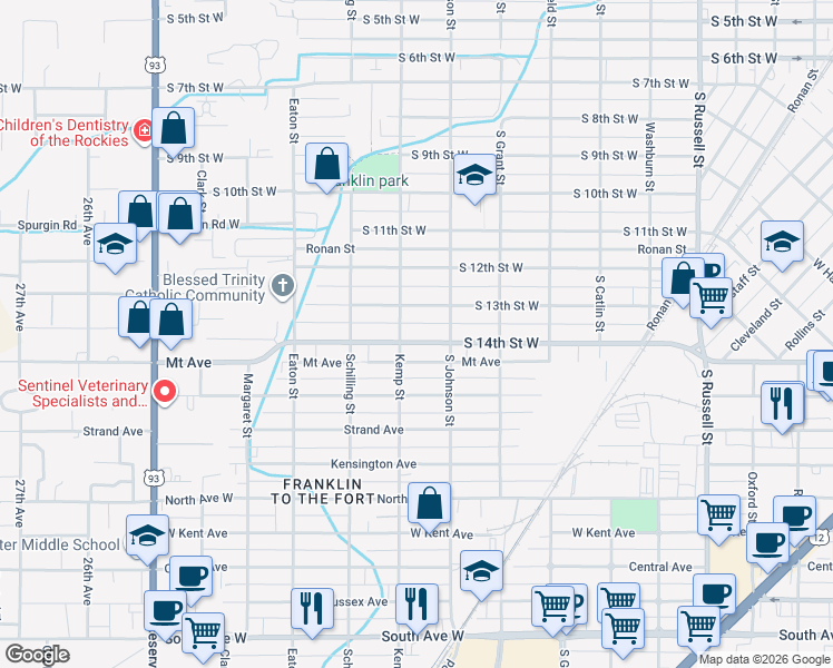 map of restaurants, bars, coffee shops, grocery stores, and more near 1528 Kemp Street in Missoula