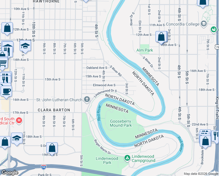 map of restaurants, bars, coffee shops, grocery stores, and more near 374 Elmwood Ave S in Fargo