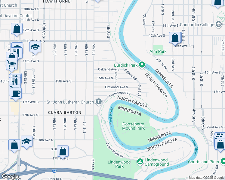 map of restaurants, bars, coffee shops, grocery stores, and more near 374 Elmwood Ave S in Fargo