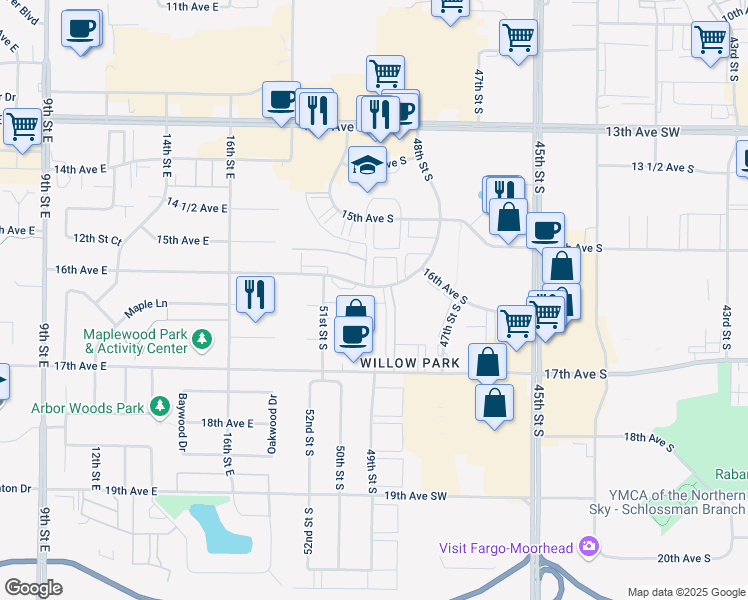 map of restaurants, bars, coffee shops, grocery stores, and more near 4874 16th Avenue South in Fargo