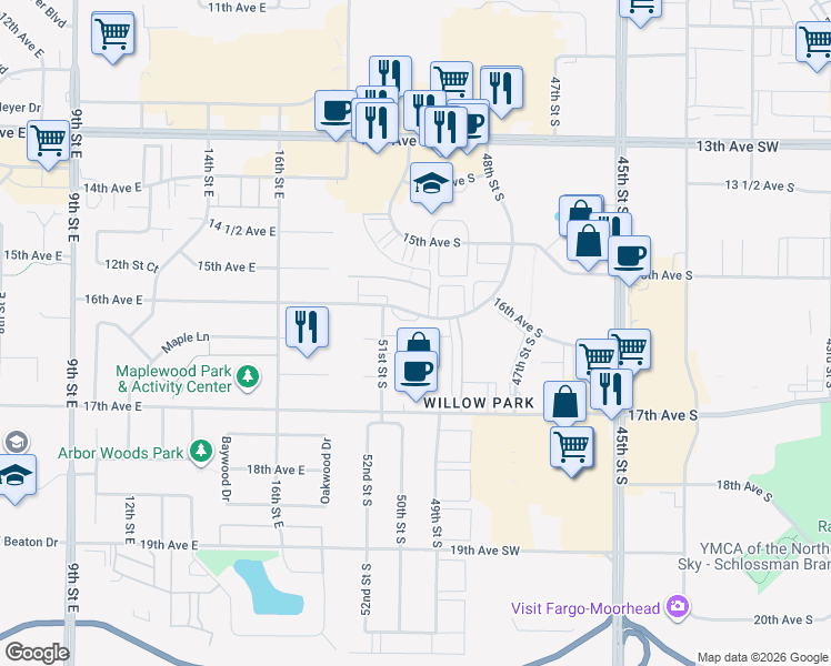 map of restaurants, bars, coffee shops, grocery stores, and more near 5002 51st Street South in Fargo