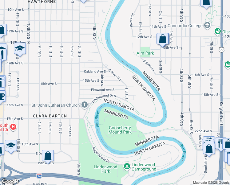 map of restaurants, bars, coffee shops, grocery stores, and more near 338 Elmwood Avenue South in Fargo