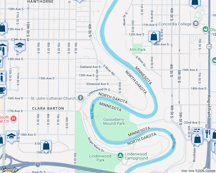 map of restaurants, bars, coffee shops, grocery stores, and more near 338 Elmwood Avenue South in Fargo