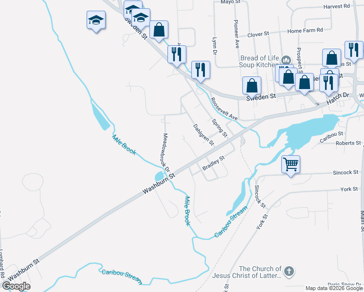 map of restaurants, bars, coffee shops, grocery stores, and more near 16 Truman Street in Caribou