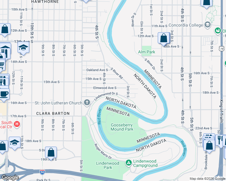map of restaurants, bars, coffee shops, grocery stores, and more near 338 Elmwood Avenue South in Fargo