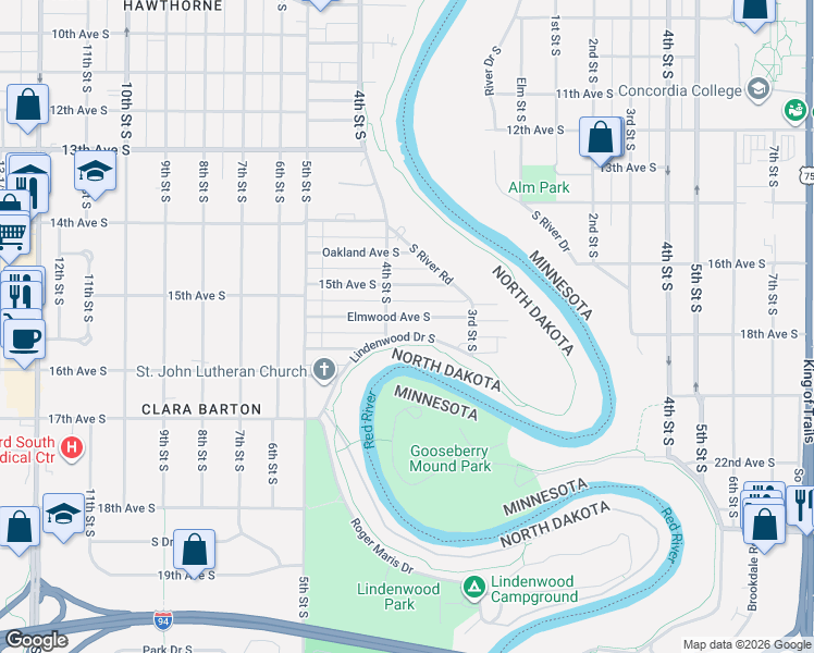 map of restaurants, bars, coffee shops, grocery stores, and more near 374 Elmwood Ave S in Fargo