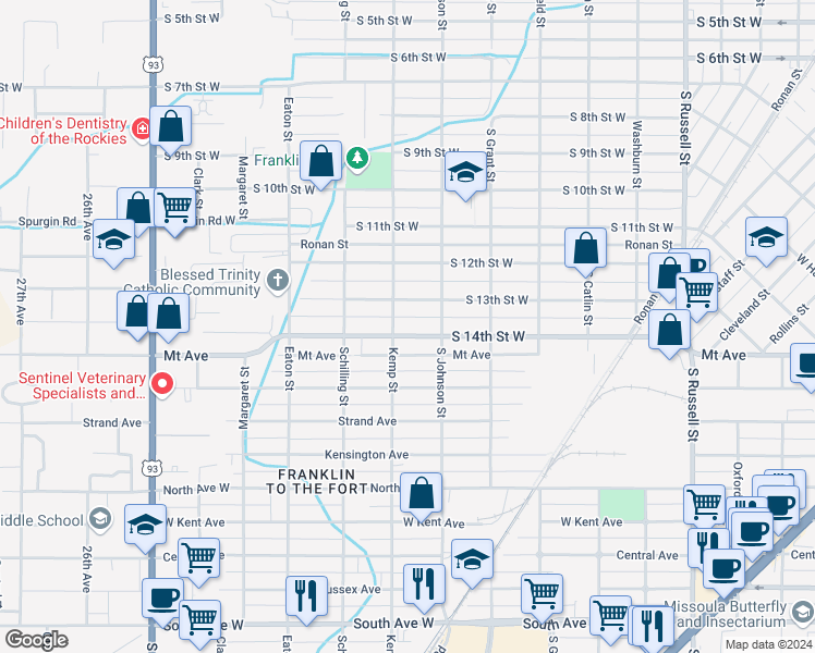 map of restaurants, bars, coffee shops, grocery stores, and more near 2050 South 14th Street West in Missoula