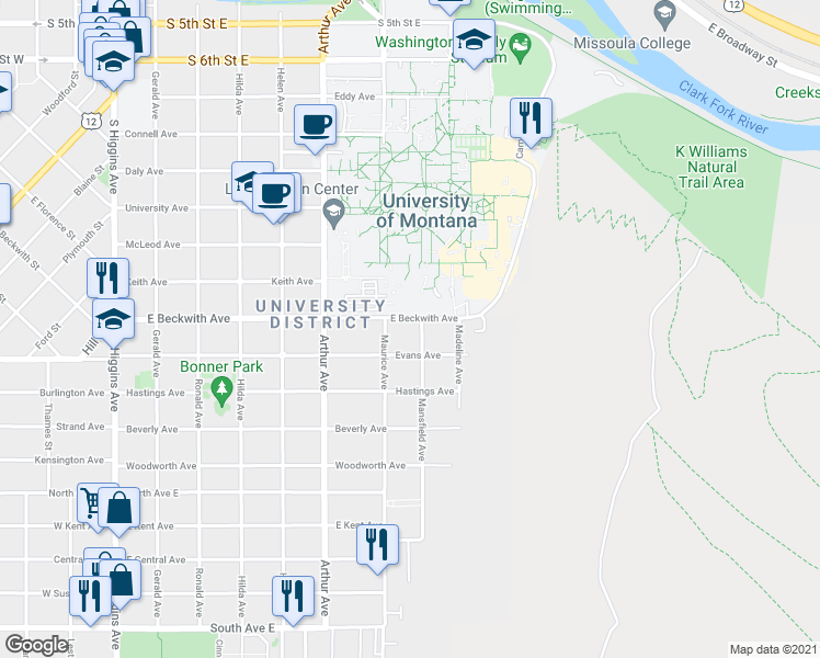 map of restaurants, bars, coffee shops, grocery stores, and more near 725 East Beckwith Avenue in Missoula