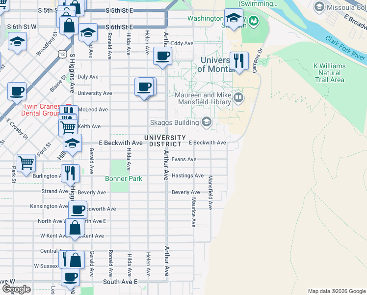 map of restaurants, bars, coffee shops, grocery stores, and more near 643 E Beckwith Ave in Missoula