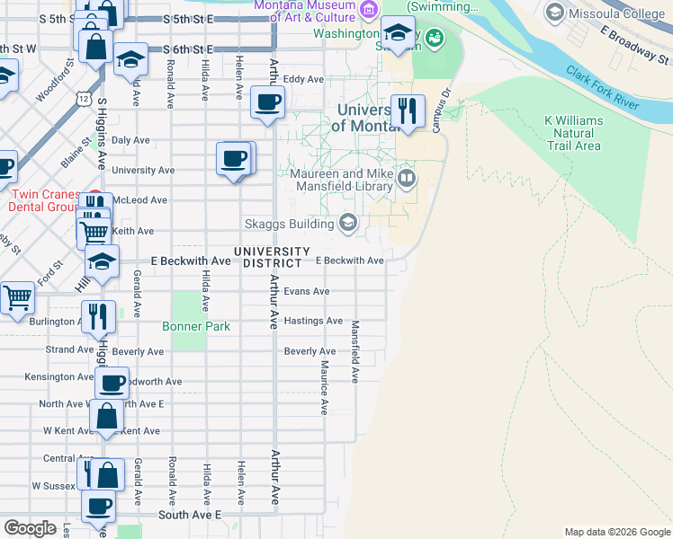 map of restaurants, bars, coffee shops, grocery stores, and more near 701 East Beckwith Avenue in Missoula