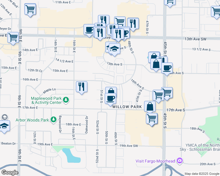 map of restaurants, bars, coffee shops, grocery stores, and more near 5002 51st Street South in Fargo