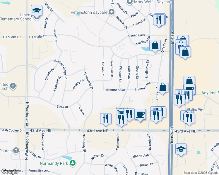 map of restaurants, bars, coffee shops, grocery stores, and more near 708 Bremner Avenue in Bismarck