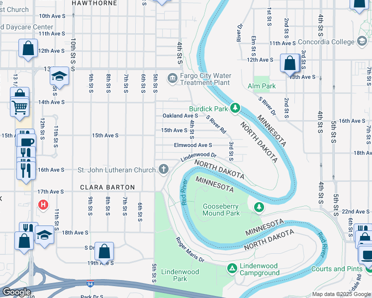 map of restaurants, bars, coffee shops, grocery stores, and more near 374 Elmwood Ave S in Fargo