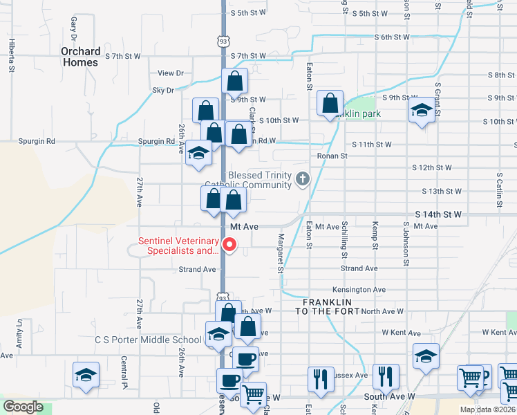 map of restaurants, bars, coffee shops, grocery stores, and more near 2420 Cottage Court in Missoula