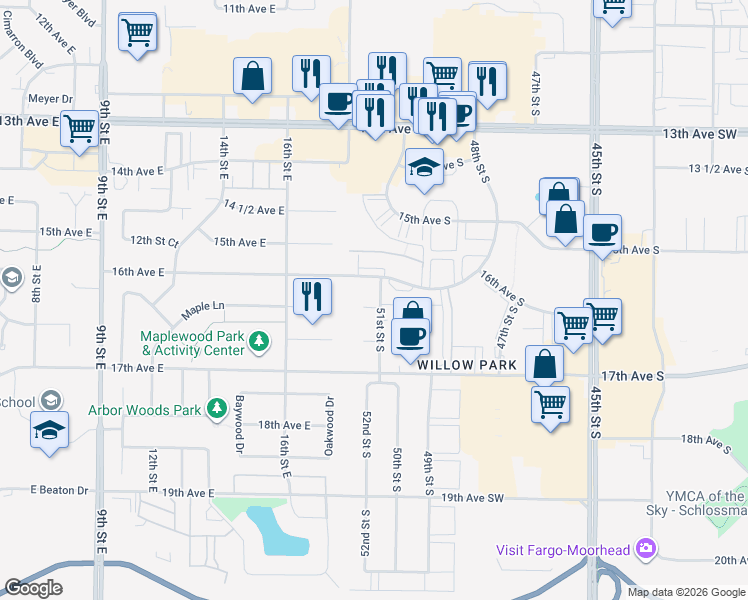map of restaurants, bars, coffee shops, grocery stores, and more near 1607 51st Street South in Fargo